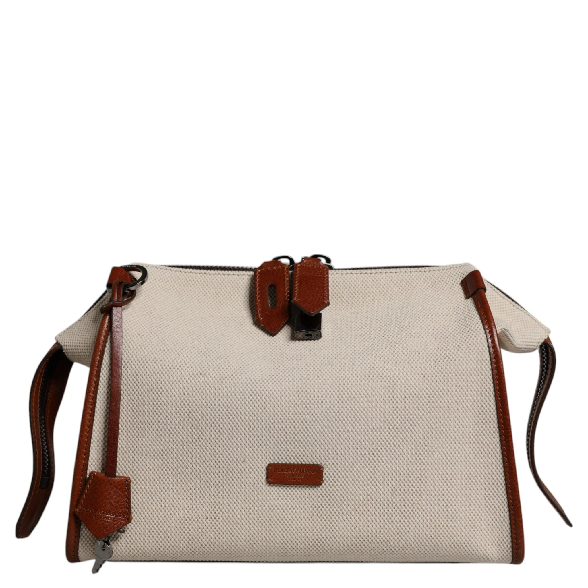 Beige Brown Cotton Leather Duffle Shoulder Bag