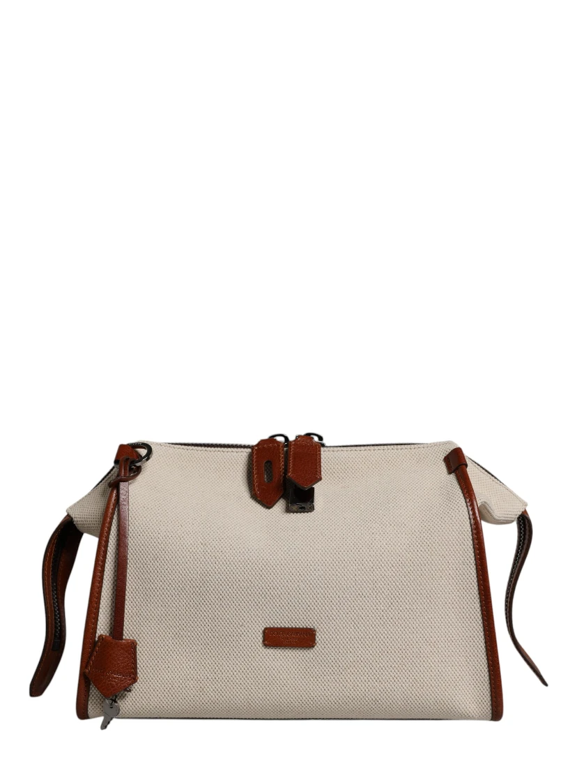 Beige Brown Cotton Leather Duffle Shoulder Bag
