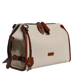 Beige Brown Cotton Leather Duffle Shoulder Bag