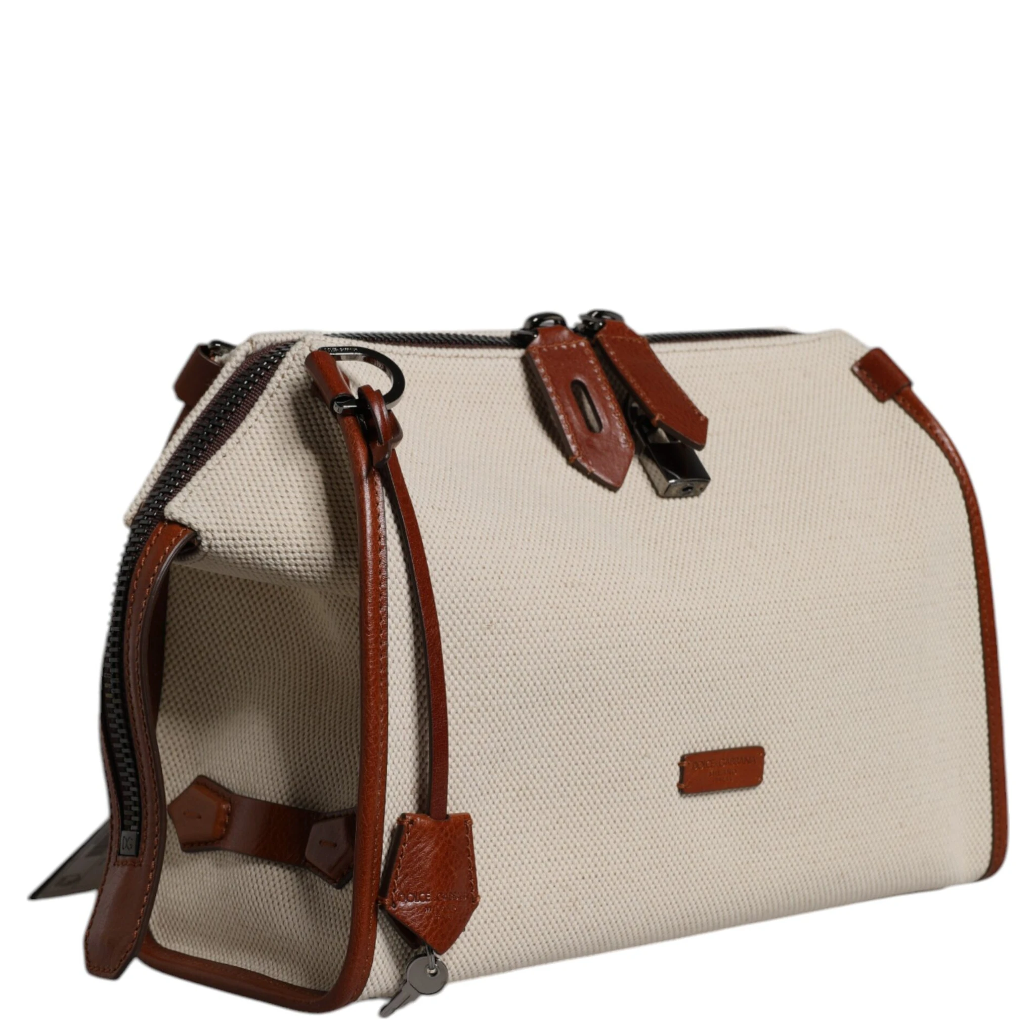 Beige Brown Cotton Leather Duffle Shoulder Bag