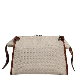 Beige Brown Cotton Leather Duffle Shoulder Bag