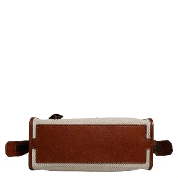 Beige Brown Cotton Leather Duffle Shoulder Bag