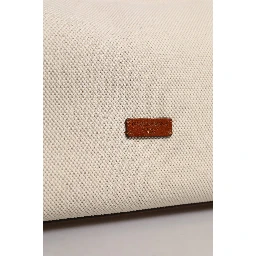 Beige Brown Cotton Leather Duffle Shoulder Bag