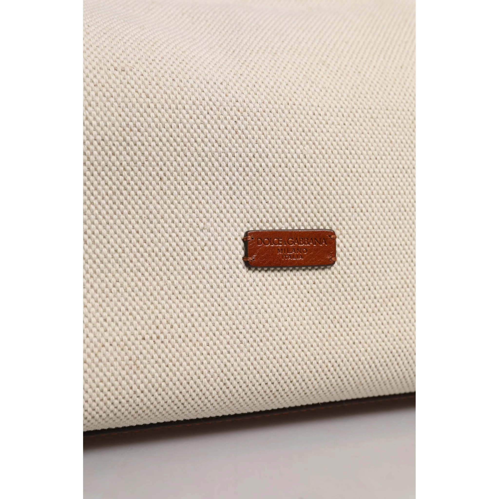 Beige Brown Cotton Leather Duffle Shoulder Bag