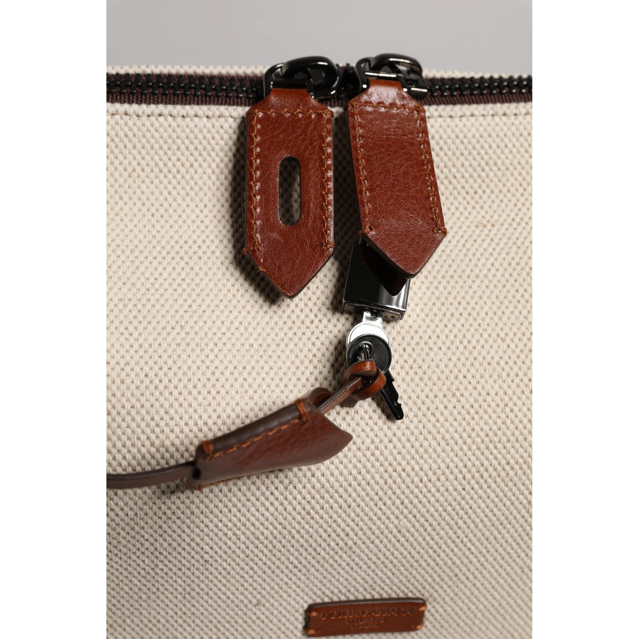 Beige Brown Cotton Leather Duffle Shoulder Bag