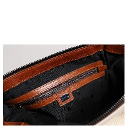 Beige Brown Cotton Leather Duffle Shoulder Bag