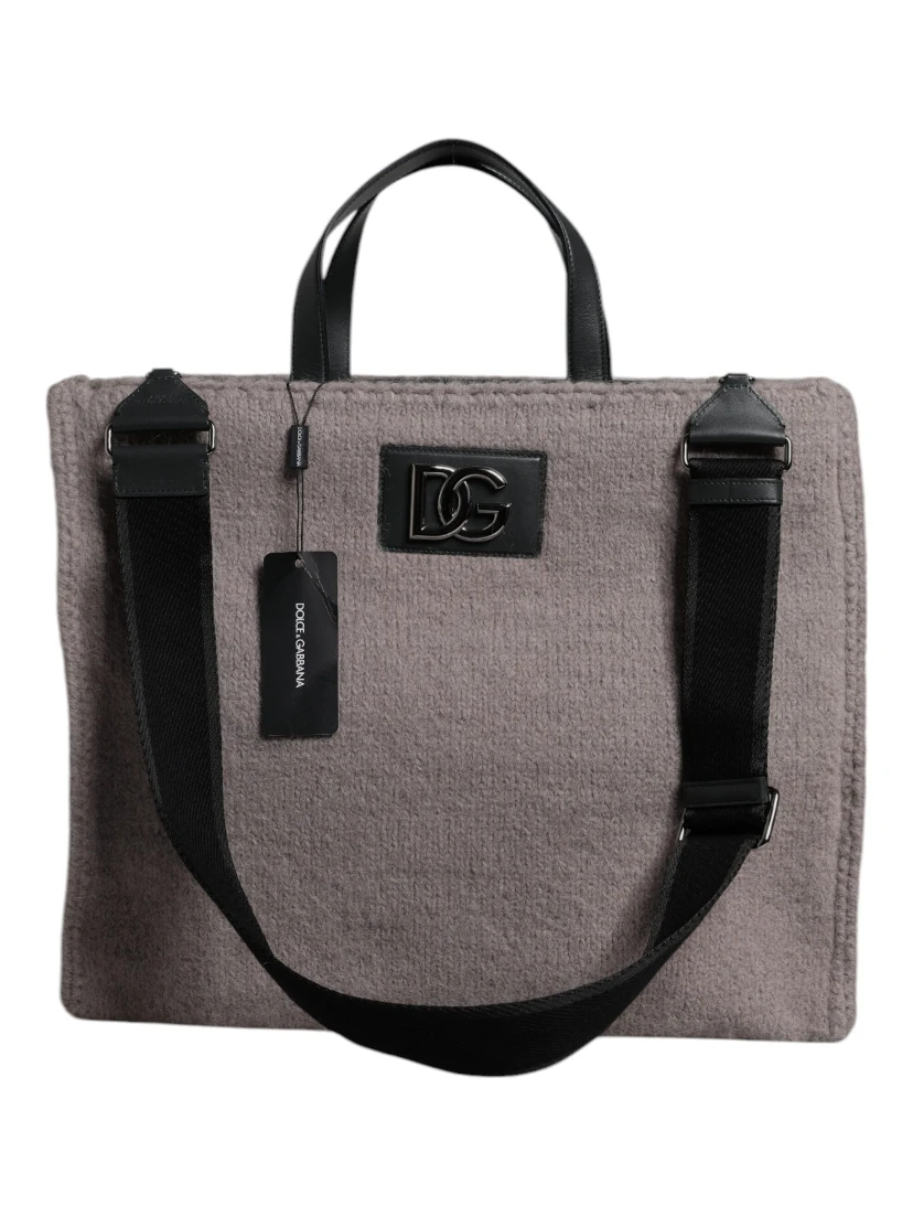 Grey Alpaca Wool Logo Plaque Tote Shoulder Bag