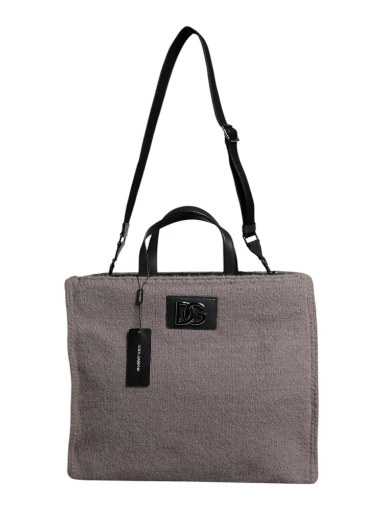 Grey Alpaca Wool Logo Plaque Tote Shoulder Bag alternative