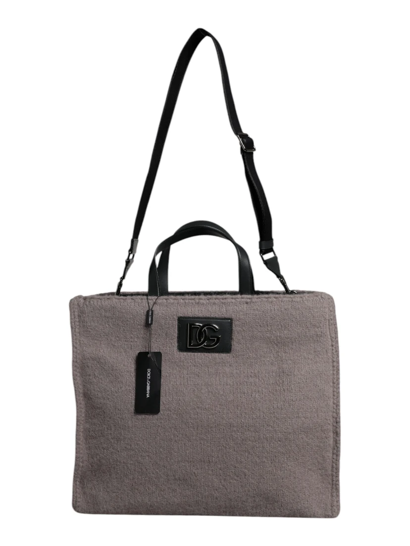 Grey Alpaca Wool Logo Plaque Tote Shoulder Bag