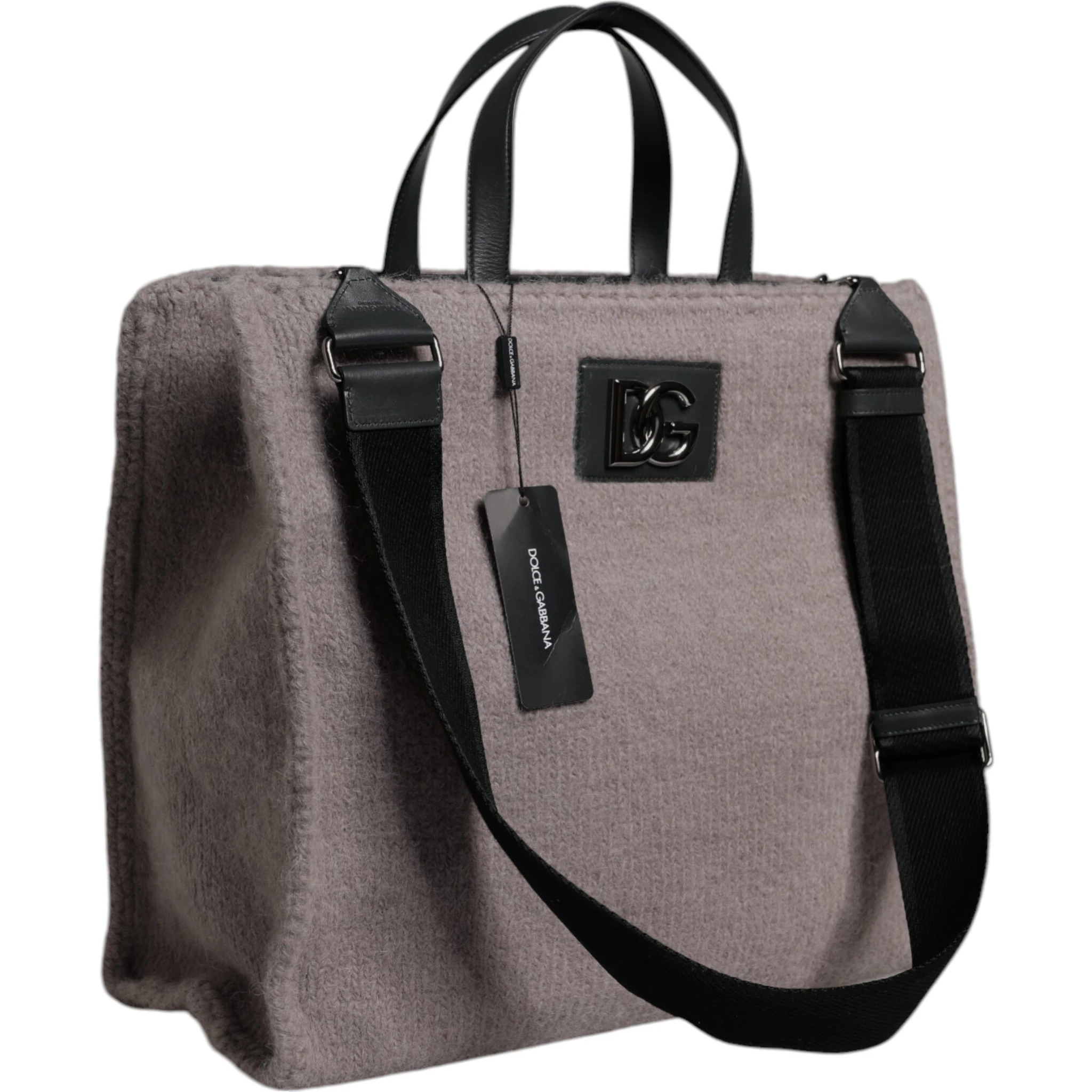 Grey Alpaca Wool Logo Plaque Tote Shoulder Bag