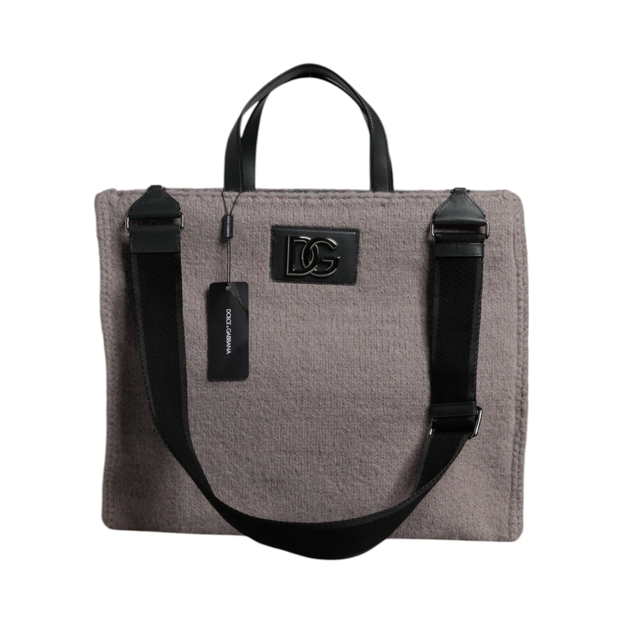 Grey Alpaca Wool Logo Plaque Tote Shoulder Bag
