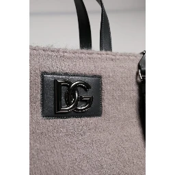 Grey Alpaca Wool Logo Plaque Tote Shoulder Bag