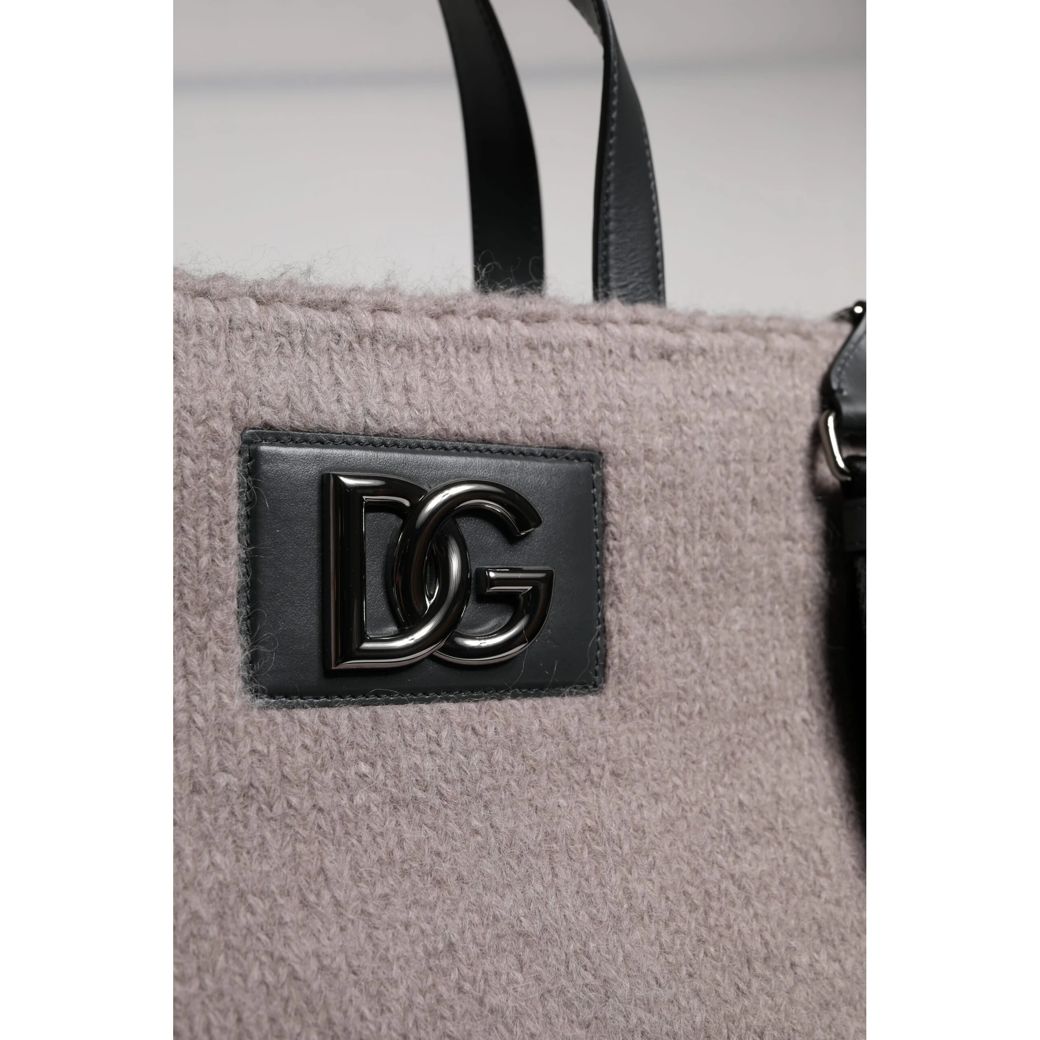 Grey Alpaca Wool Logo Plaque Tote Shoulder Bag