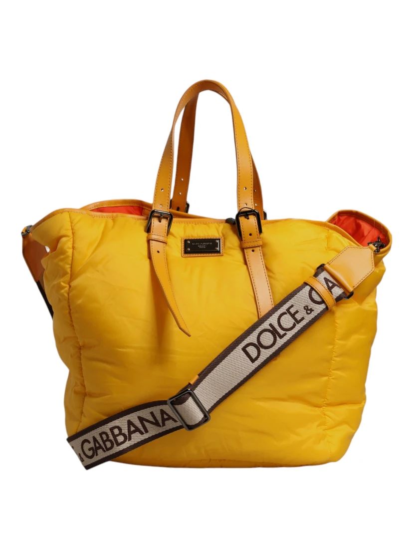 Yellow Orange Nylon Logo Plaque Hand Shoulder Duffle Bag