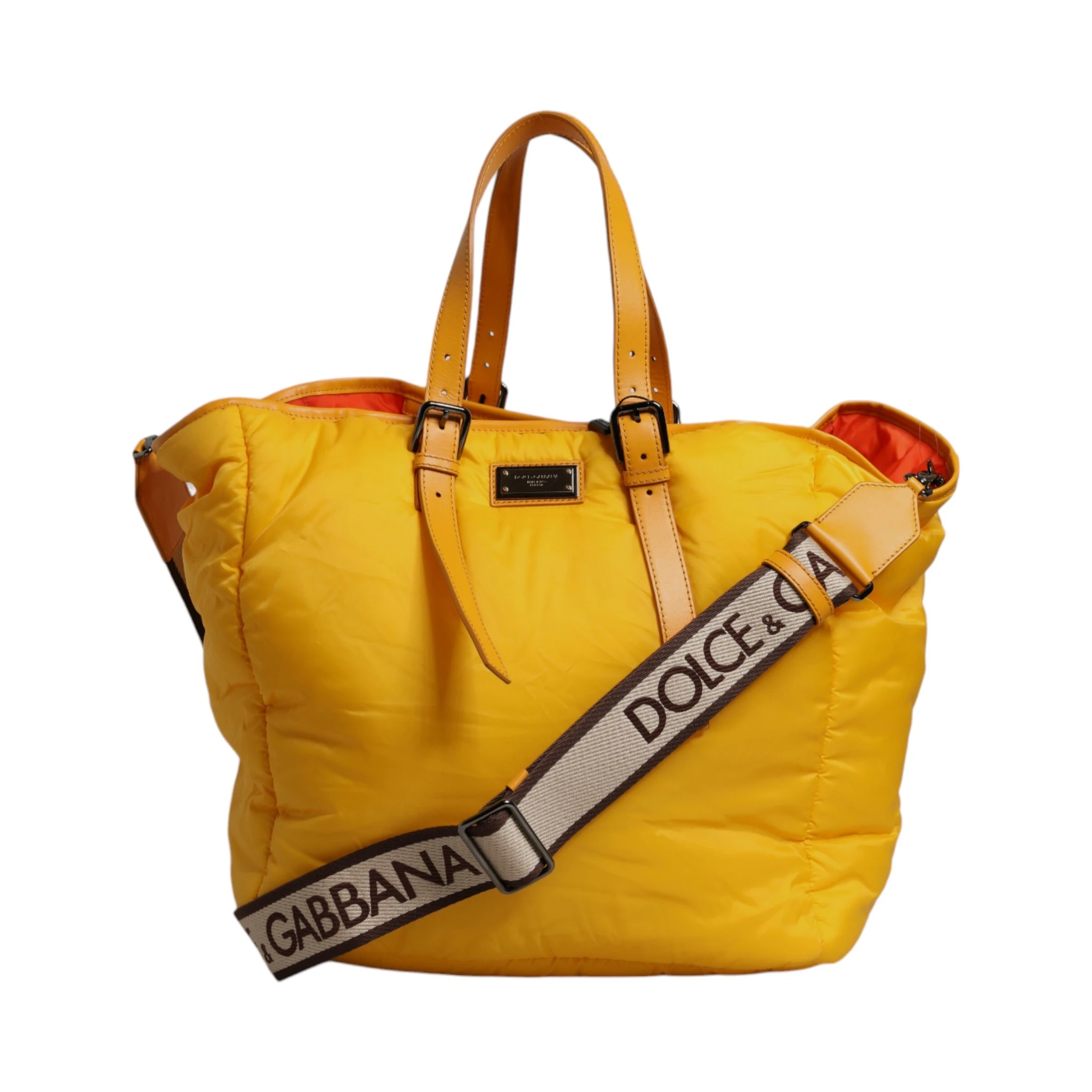 Yellow Orange Nylon Logo Plaque Hand Shoulder Duffle Bag