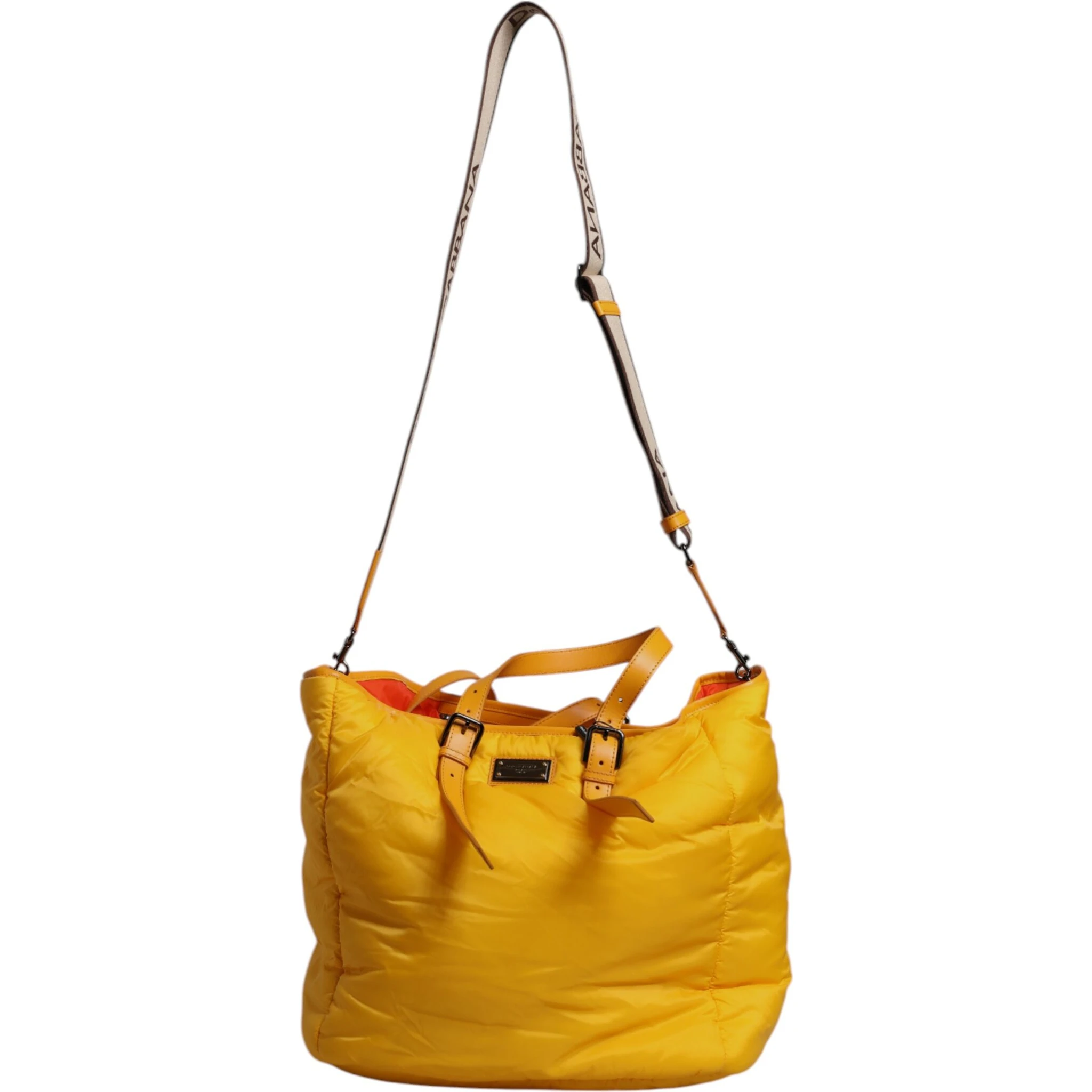 Yellow Orange Nylon Logo Plaque Hand Shoulder Duffle Bag