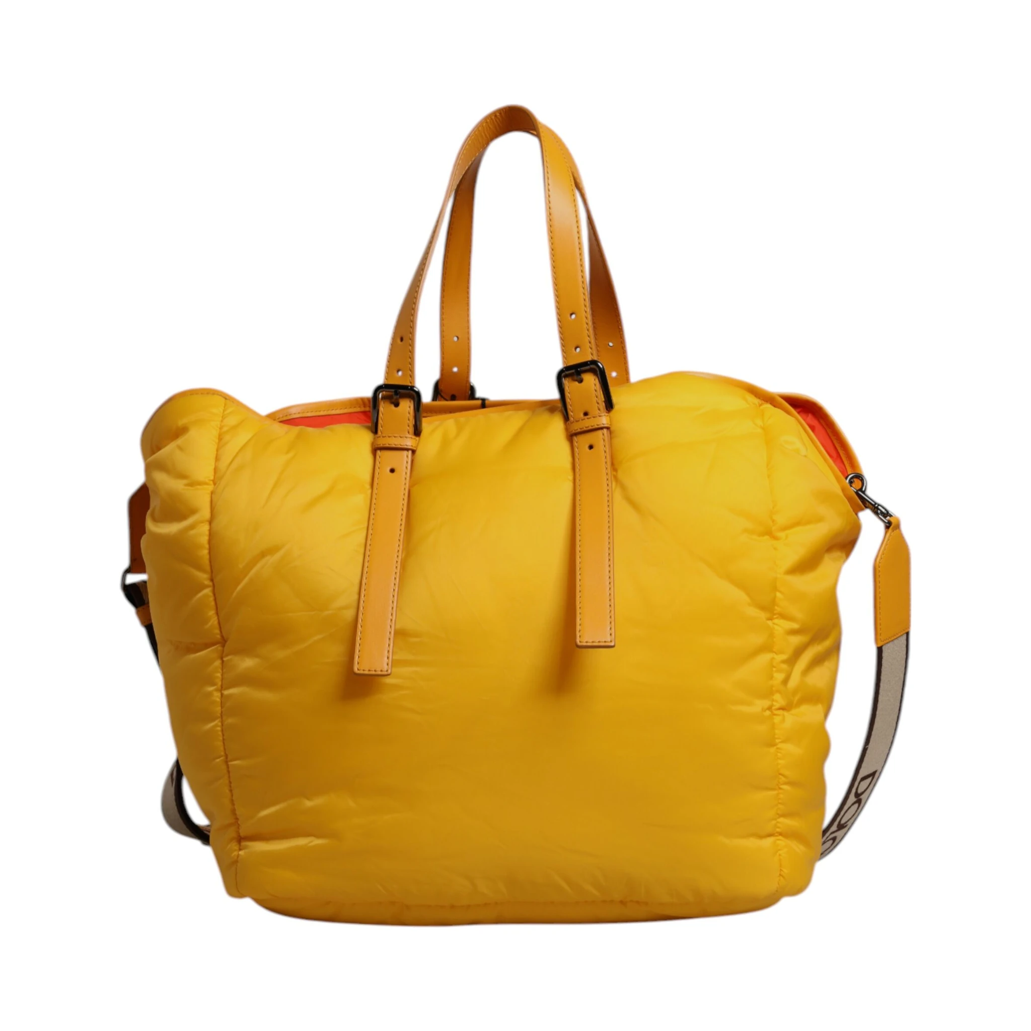 Yellow Orange Nylon Logo Plaque Hand Shoulder Duffle Bag