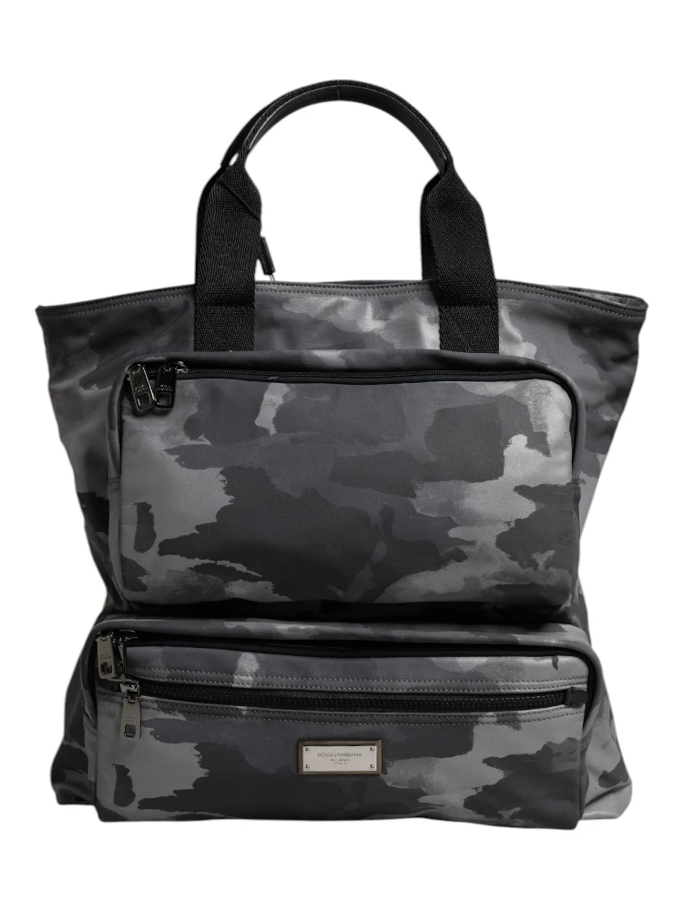 Gray Camo Cotton Multiple Compartments Tote Bag