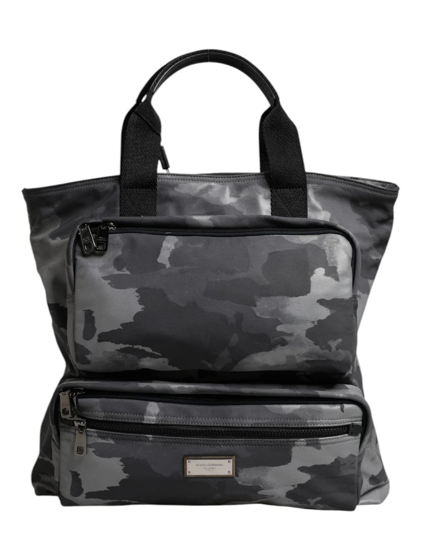 Gray Camo Cotton Multiple Compartments Tote Bag
