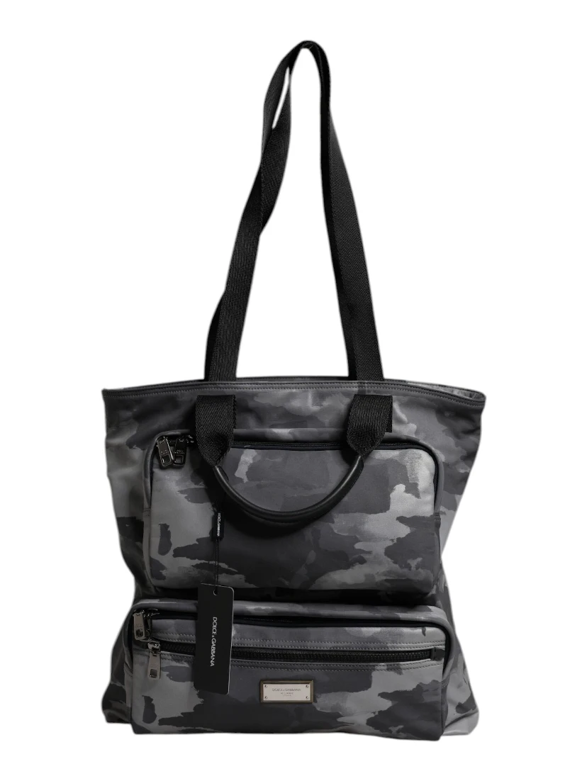 Gray Camo Cotton Multiple Compartments Tote Bag