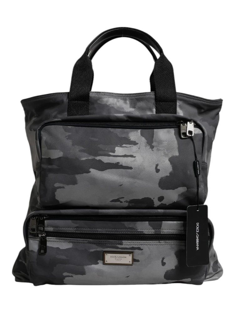 Gray Camo Cotton Multiple Compartments Tote Bag