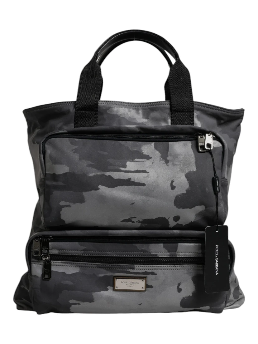 Gray Camo Cotton Multiple Compartments Tote Bag