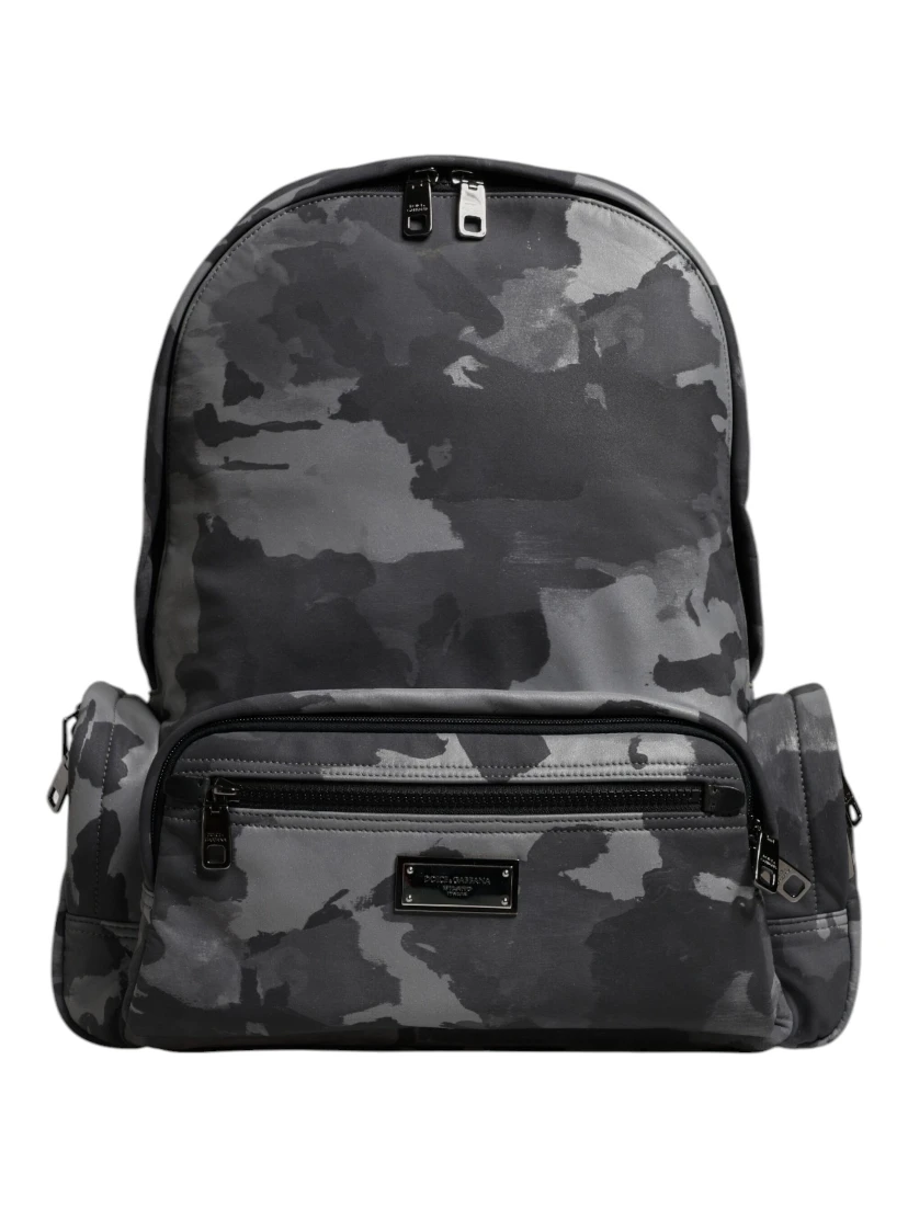 Gray Cotton Camouflage Logo Plaque Backpack Bag