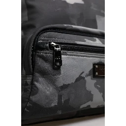 Gray Cotton Camouflage Logo Plaque Backpack Bag