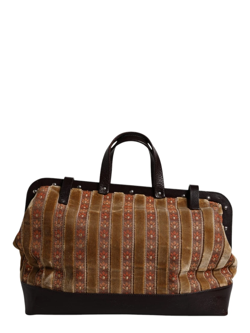 Beige Maroon Velvet Leather Jacquard Travel Handbag Bag