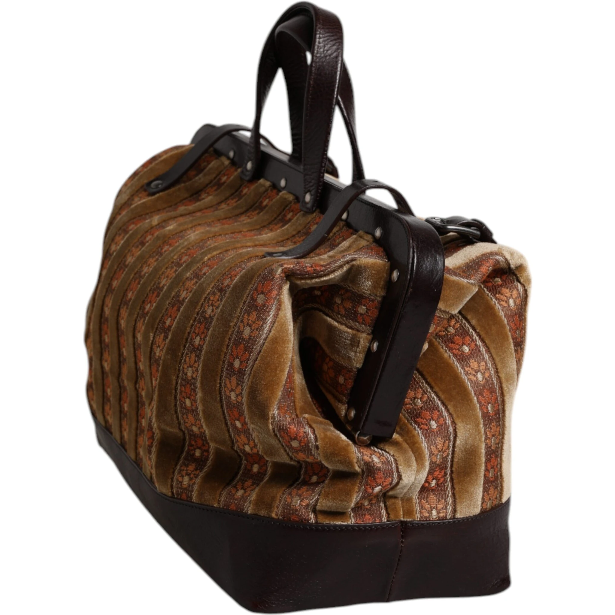 Beige Maroon Velvet Leather Jacquard Travel Handbag Bag