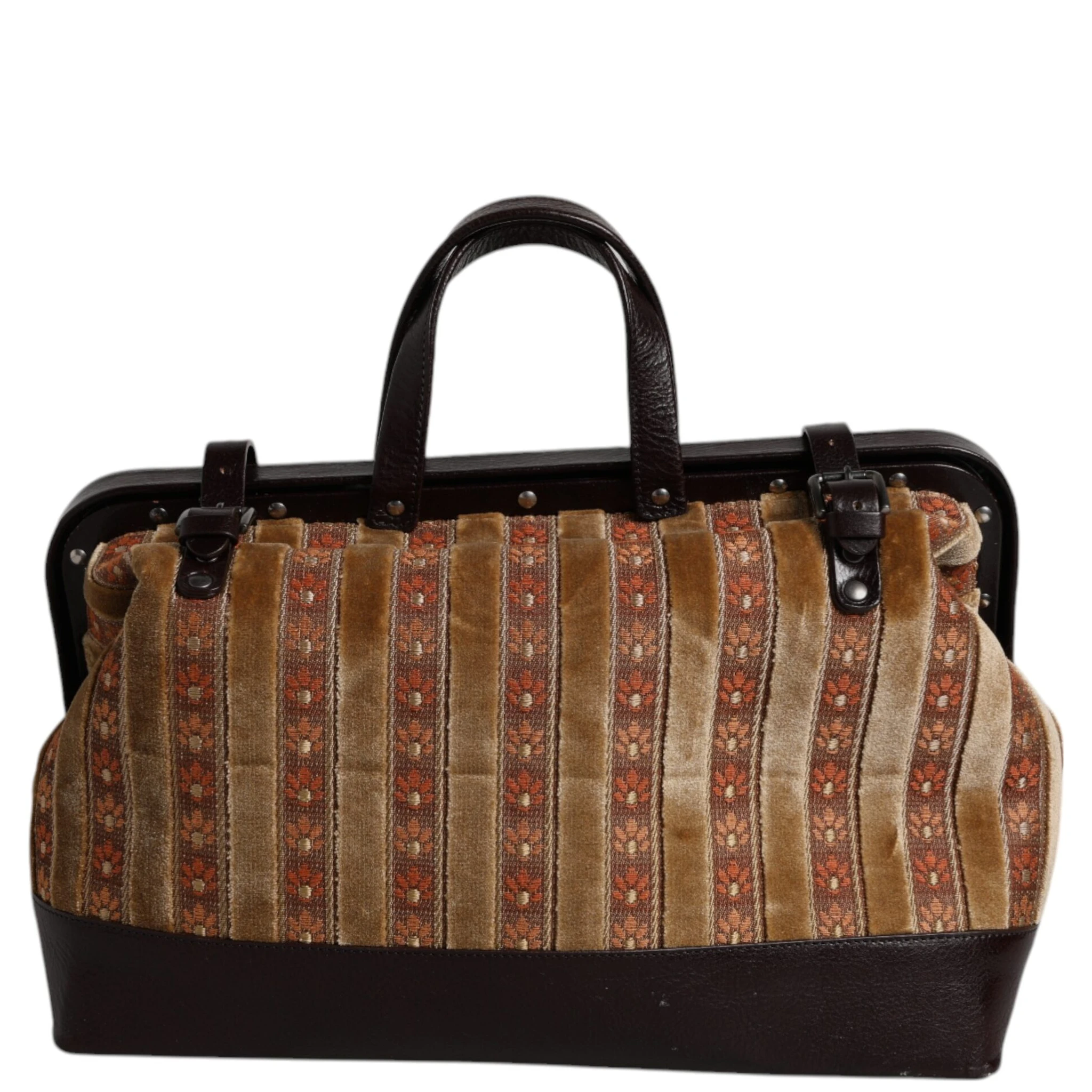 Beige Maroon Velvet Leather Jacquard Travel Handbag Bag