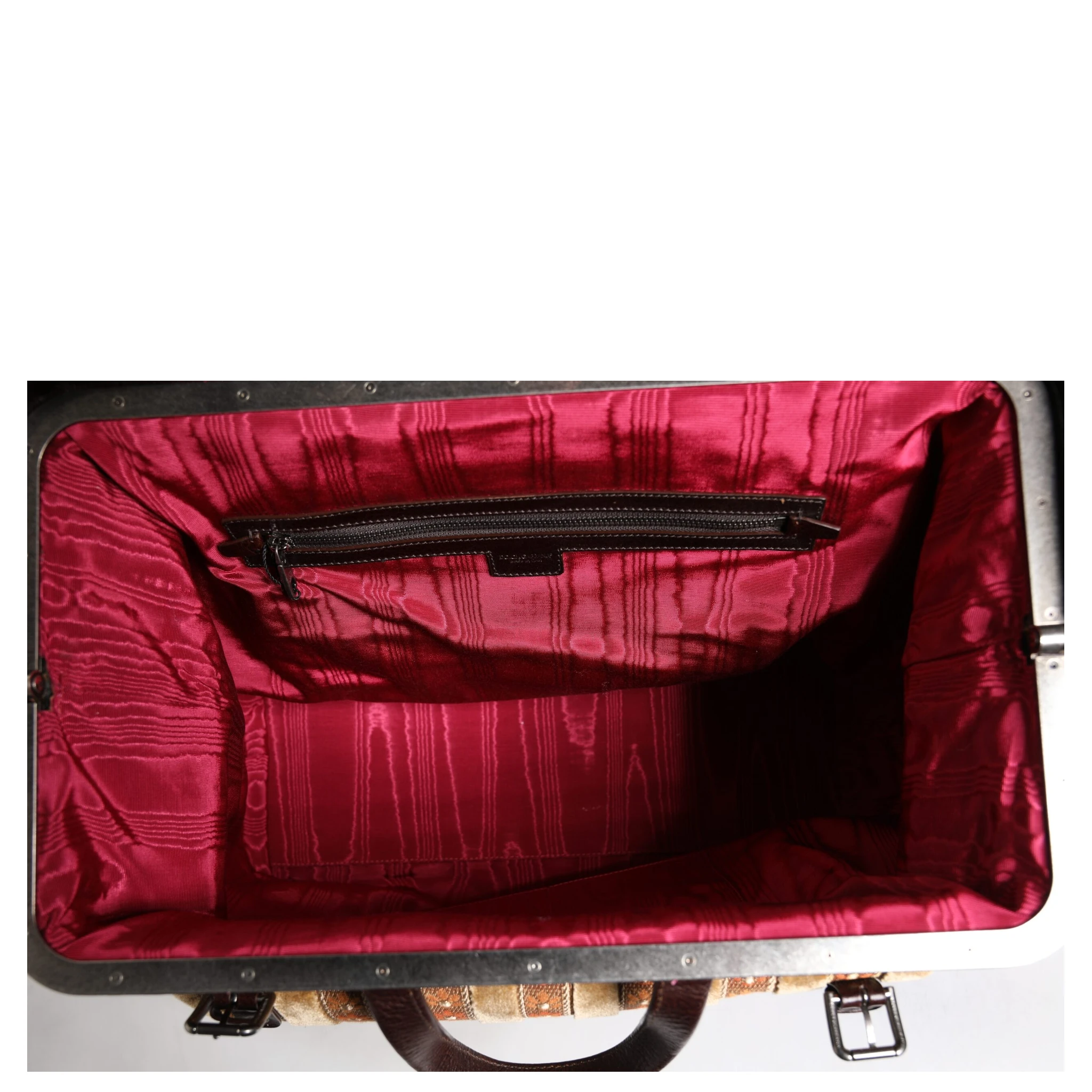 Beige Maroon Velvet Leather Jacquard Travel Handbag Bag