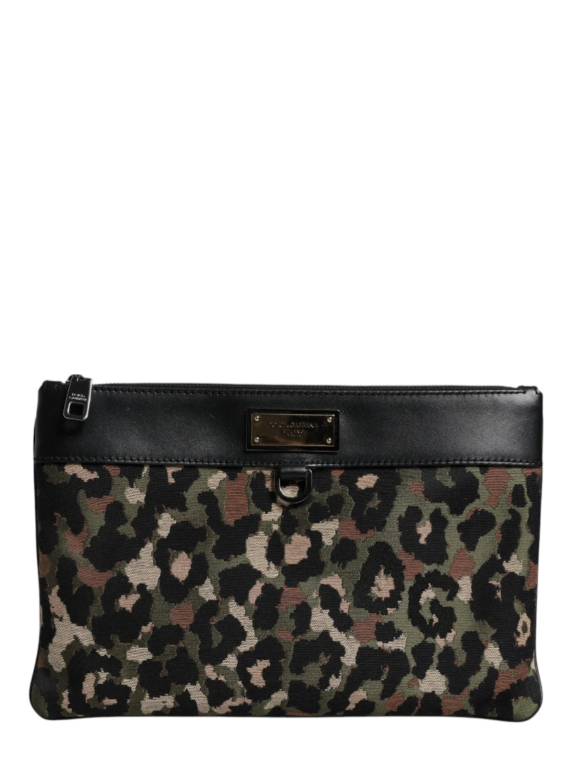 Multicolor Leopard Jacquard Print Logo Plaque Pouch Bag