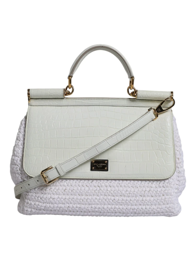 White Rafia Leather Top Handle Crossbody Bag