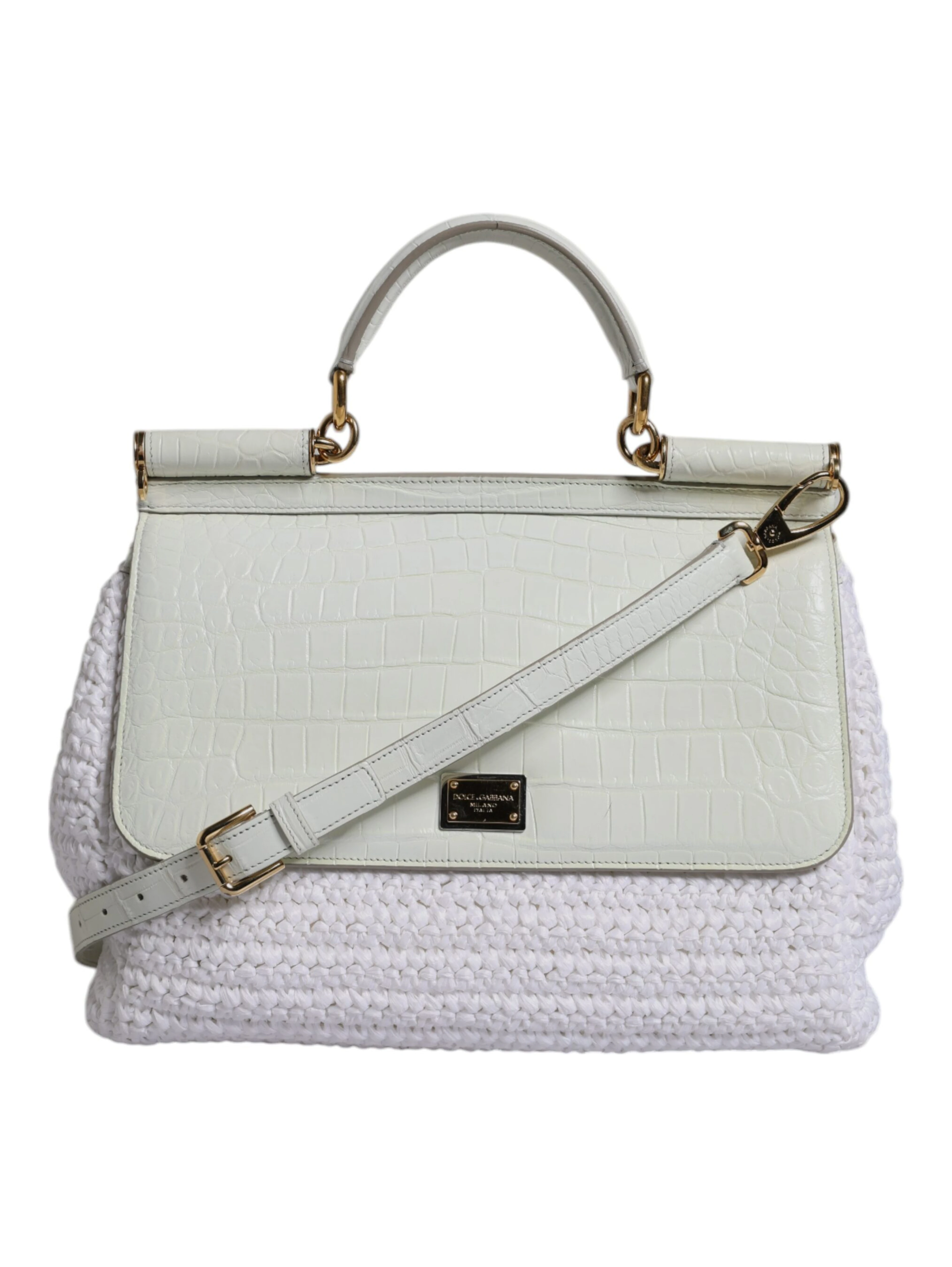 White Rafia Leather Top Handle Crossbody Bag