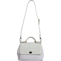 White Rafia Leather Top Handle Crossbody Bag