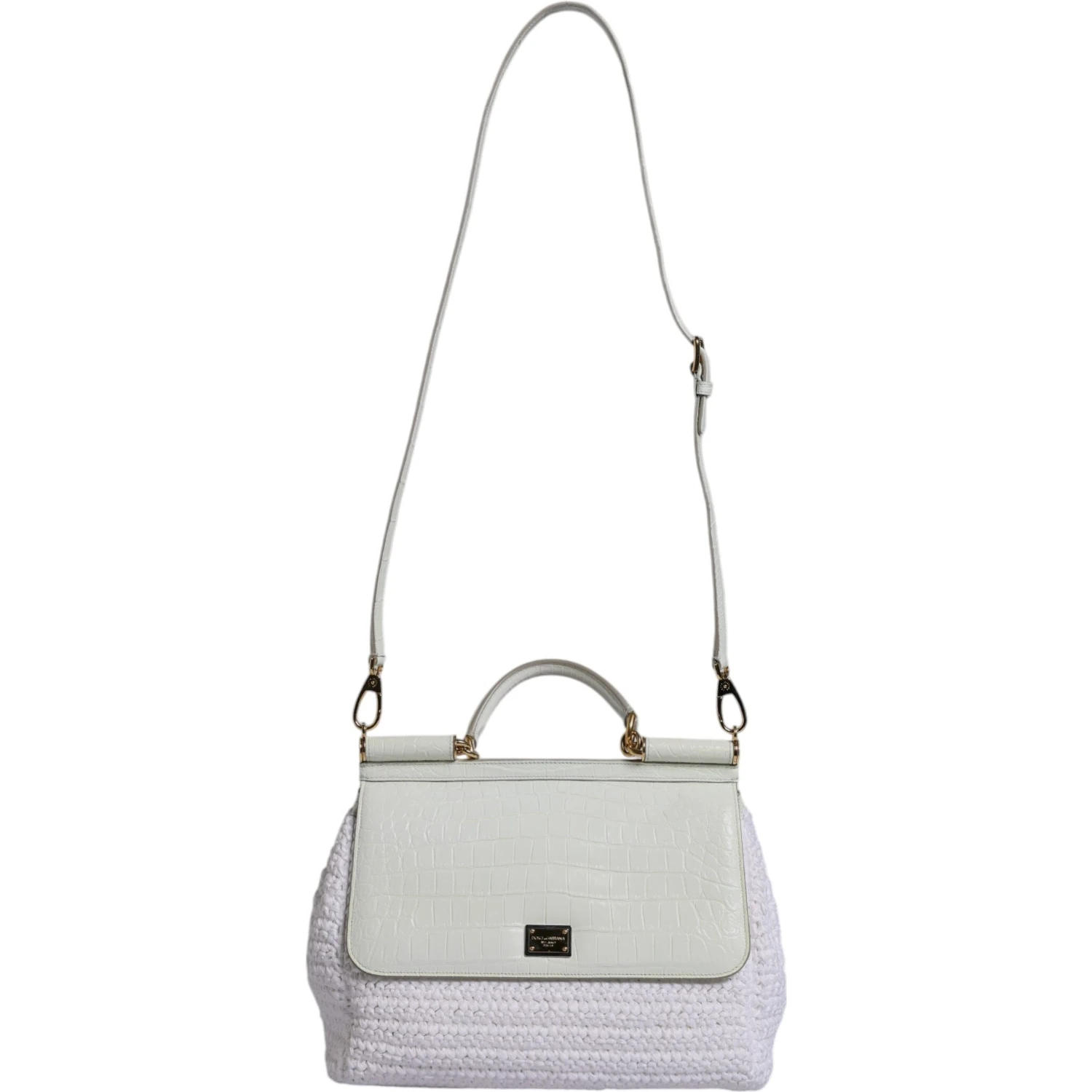 White Rafia Leather Top Handle Crossbody Bag
