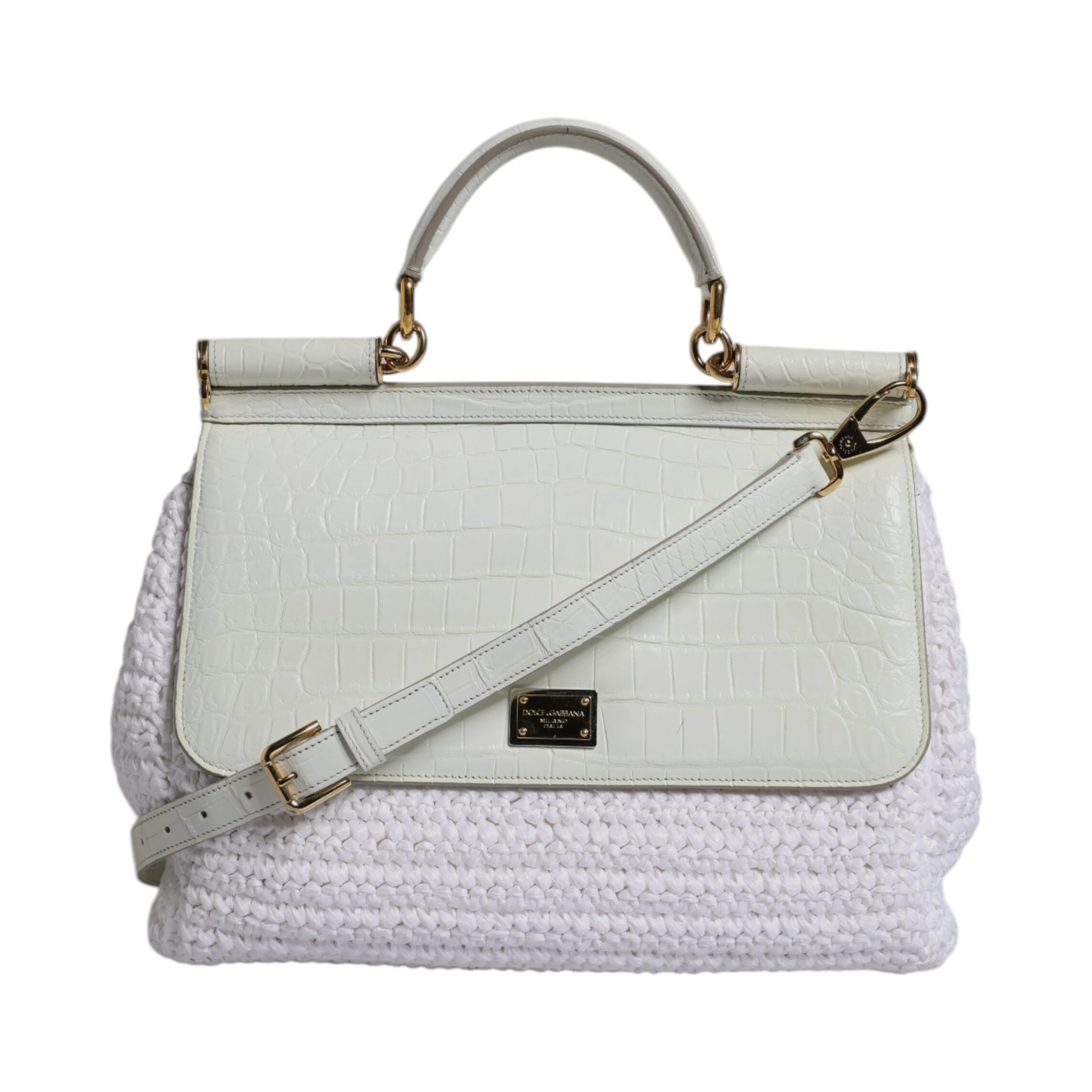 White Rafia Leather Top Handle Crossbody Bag