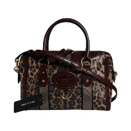 Brown Leopard Leather Shoulder Strap Duffle Bag