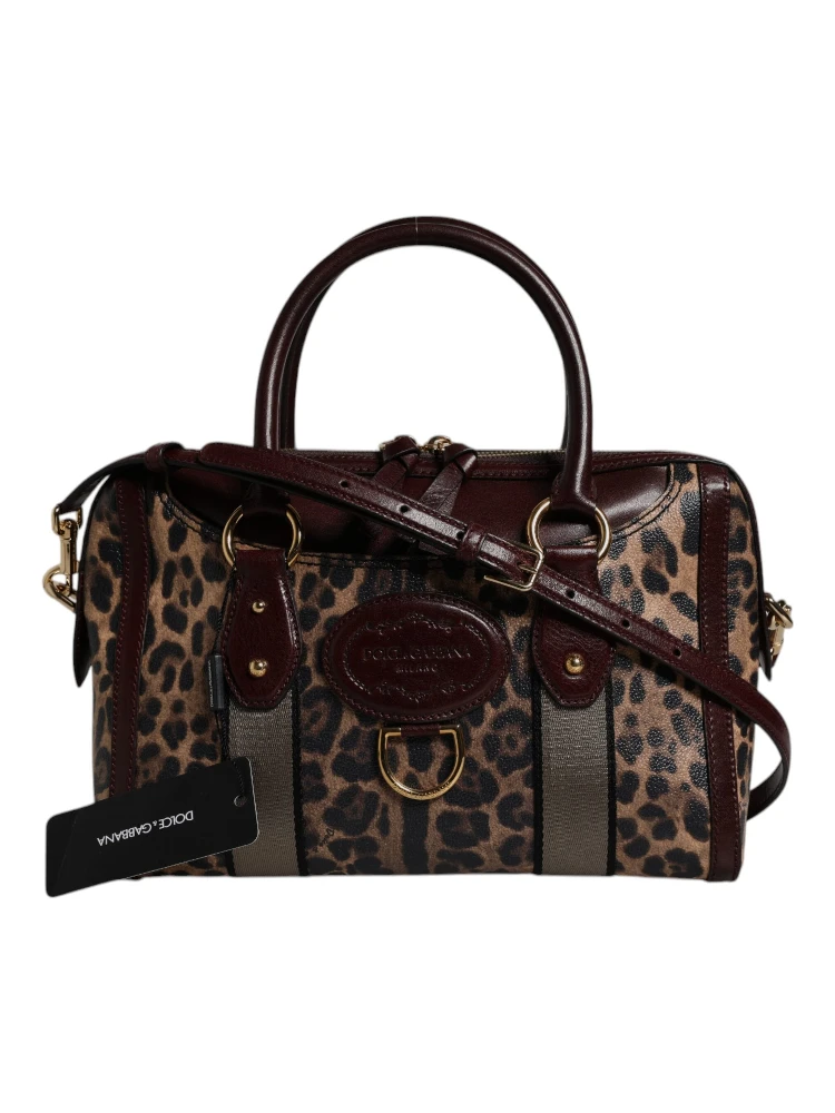 Brown Leopard Leather Shoulder Strap Duffle Bag