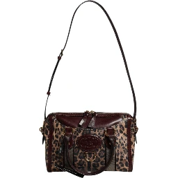 Brown Leopard Leather Shoulder Strap Duffle Bag