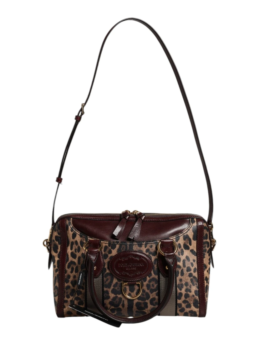 Brown Leopard Leather Shoulder Strap Duffle Bag