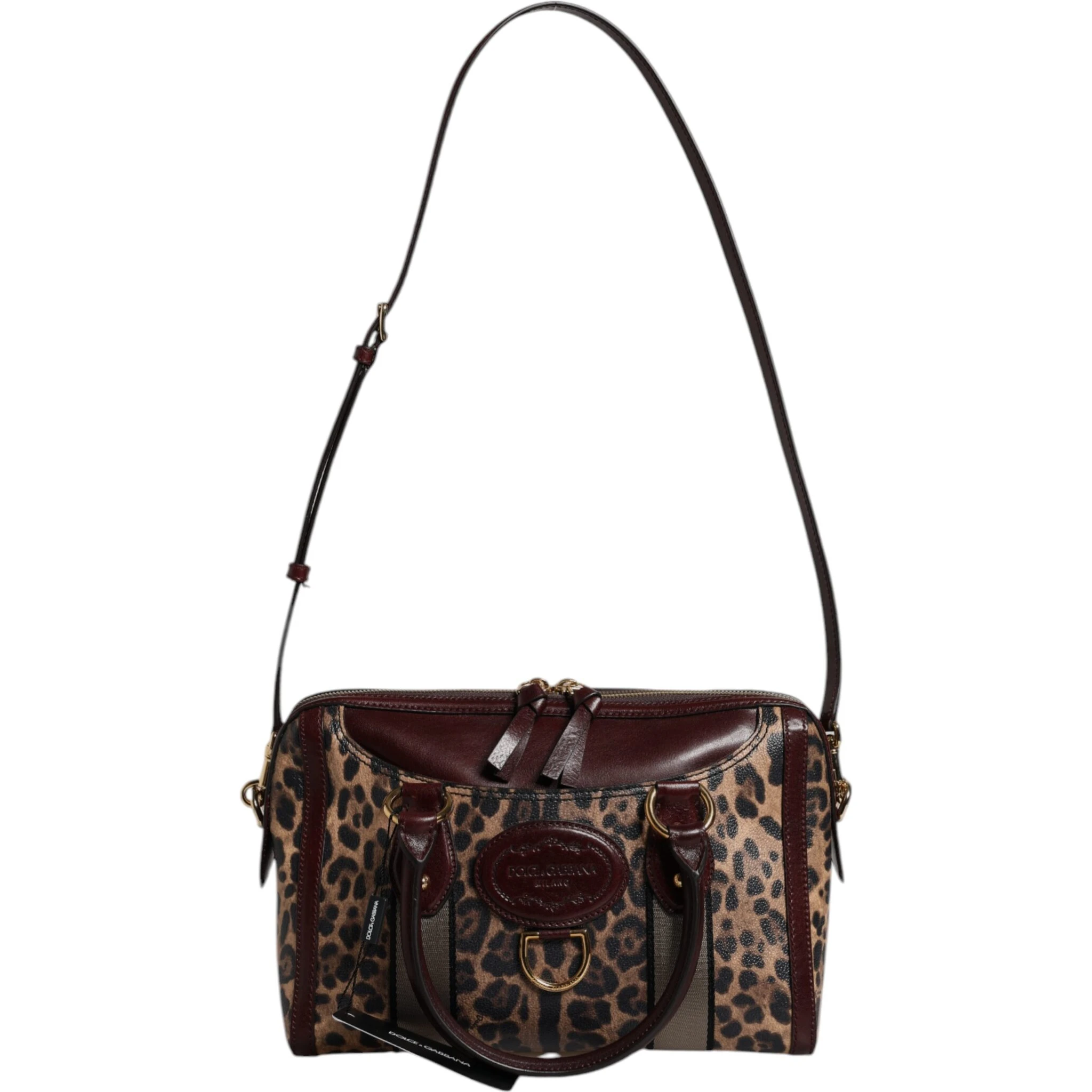 Brown Leopard Leather Shoulder Strap Duffle Bag