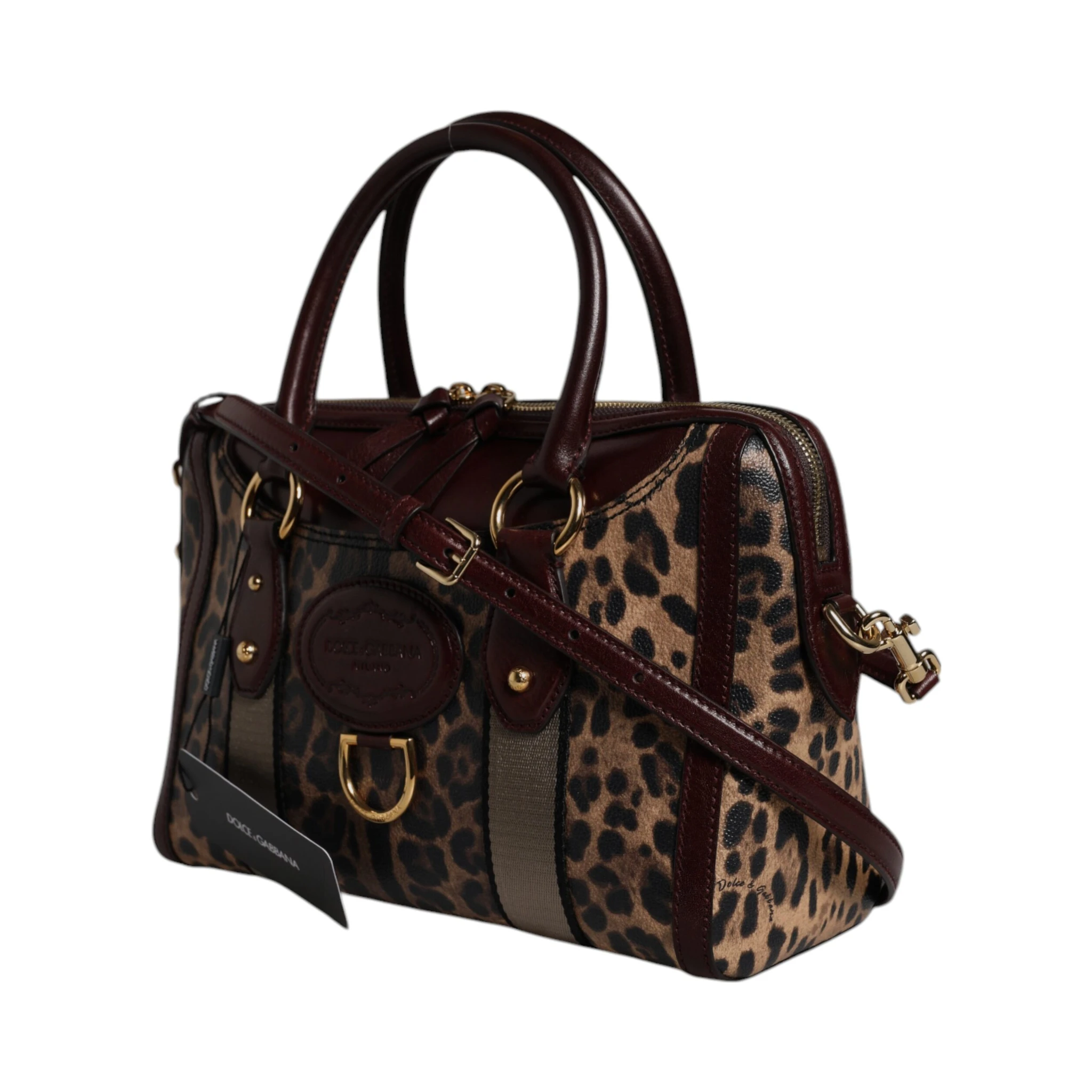 Brown Leopard Leather Shoulder Strap Duffle Bag