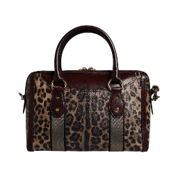 Brown Leopard Leather Shoulder Strap Duffle Bag