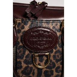 Brown Leopard Leather Shoulder Strap Duffle Bag