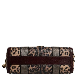 Brown Leopard Leather Shoulder Strap Duffle Bag