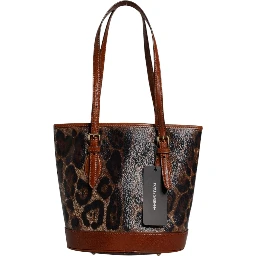 Brown Leopard Leather Shoulder Strap Tote Bag