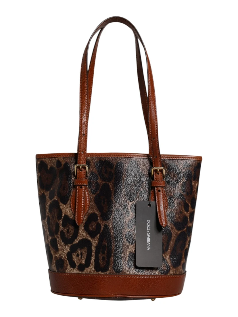 Brown Leopard Leather Shoulder Strap Tote Bag