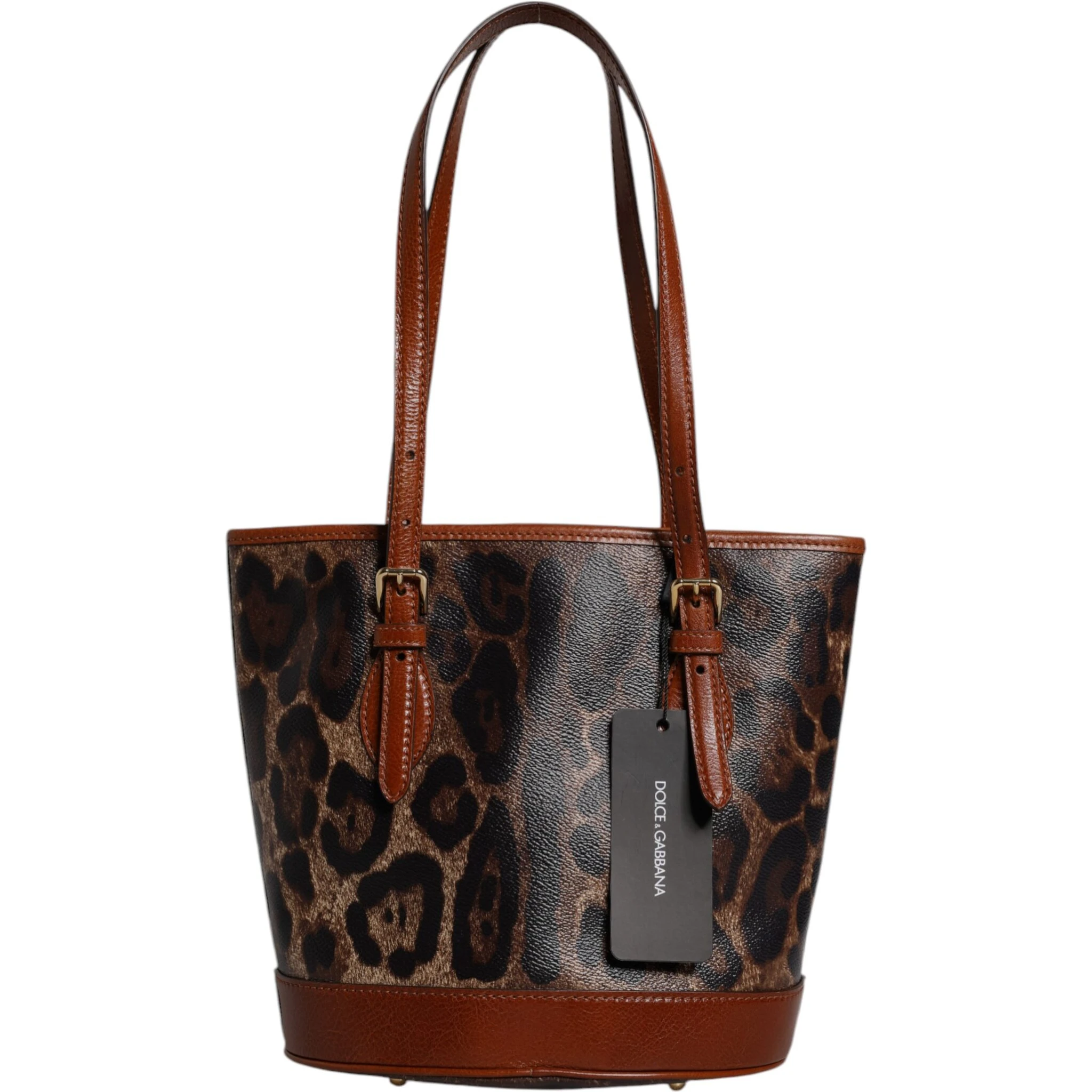 Brown Leopard Leather Shoulder Strap Tote Bag